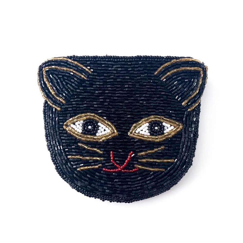Ermo Black Cat Kitten Beaded Coin Purse Zip Pouch